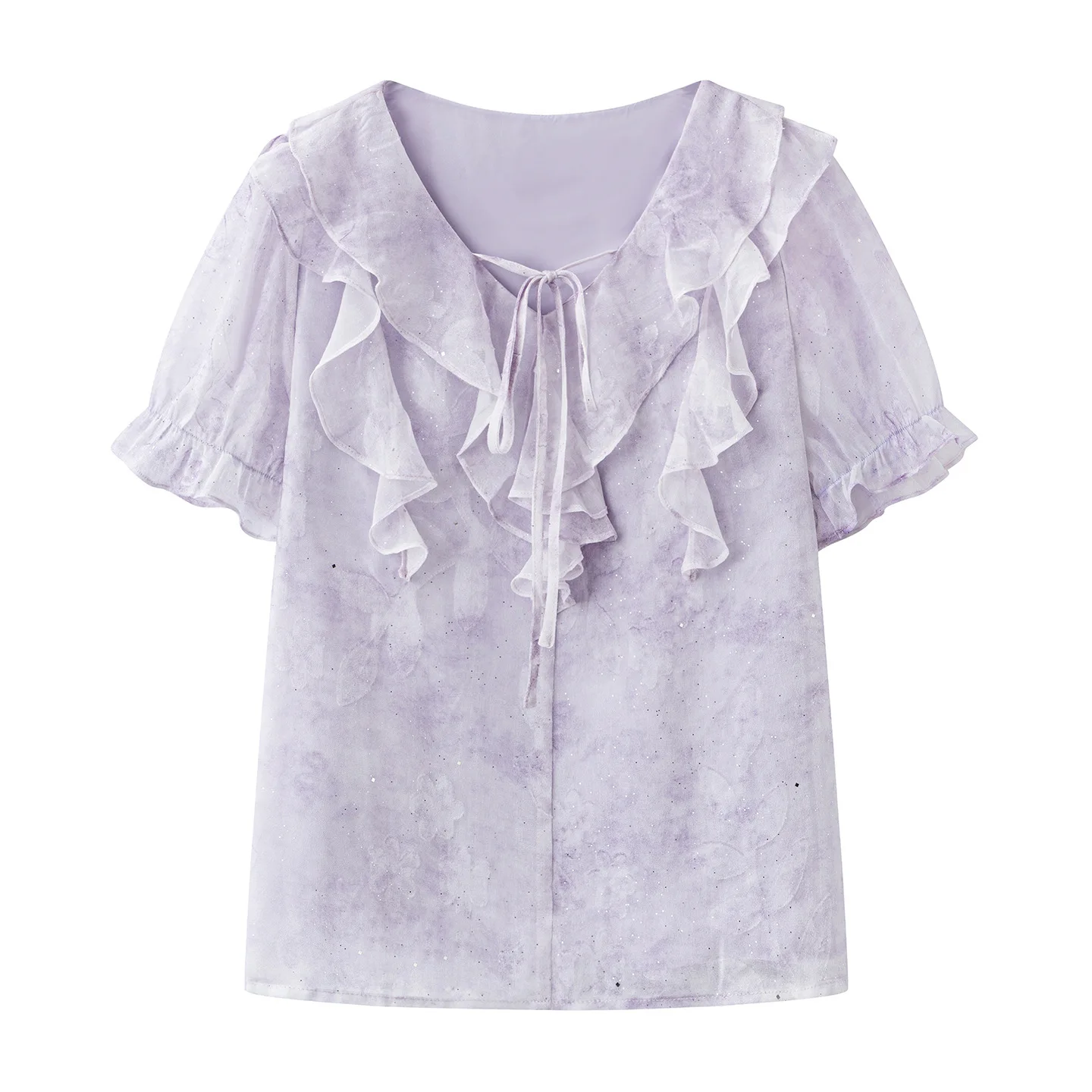 Maxdutti Lotus Leaf Edge Floral Shirt 2026 Summer New Style French Style Loose V-neck Short Sleeved Top