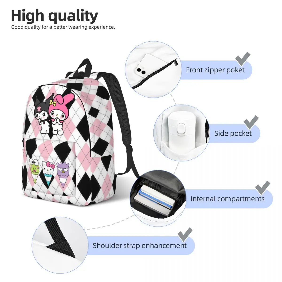 Keroppi Hello Kitty Badtz Maru Mochila para Homens e Mulheres, Bolsa de Ombro Leve, Ensino Médio, Caminhada, Viagem, Laptop, Moda