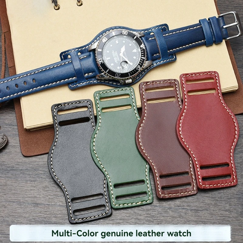 18 20 22mm Modified strap Cowhide leather green black red blue watch strap with tray male watchband For Rolex Submariner series