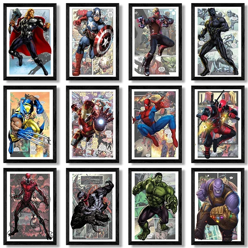 Miniso-Póster de cómic de Los vengadores de Marvel de Disney, Spiderman, Iron Man, carteles de superhéroe, pintura en lienzo, arte de pared, decoración del hogar