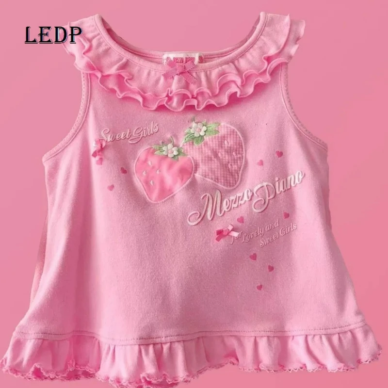 

2025 Summer New Pink Cute Sweet Bow Fruit Print Women's Sling Japanese Children's Fun Design Versatile Minus Y2k Vest Ladies