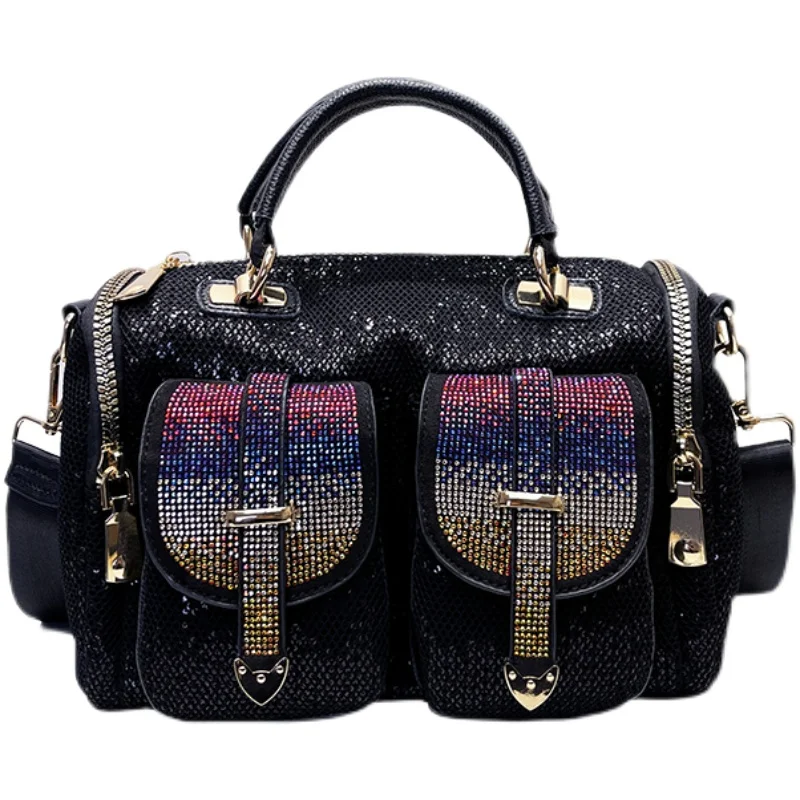 Genuine Leather Hand Bags Women 2022 Designer Handbags High Quality Shining Rhinestone Sequines Ita Bag Shoulder Tote Sac