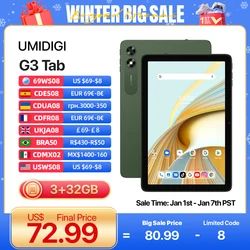 スマートタブレットAndroid13,UMIDIGI-G3インチHDタッチスクリーン,mtk 10.1,3GB, 32GB,顔認識ロック解除,4g lte,8766 mah,メガバッテリー,10w,6000