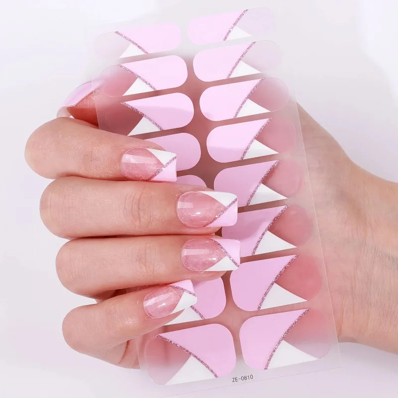 16Tips French Glitter Stripes Baking-Free Nail Polish Stickers Self-Adhesive Full Cover Nail Wrap DIY Manicures Decoration Decal