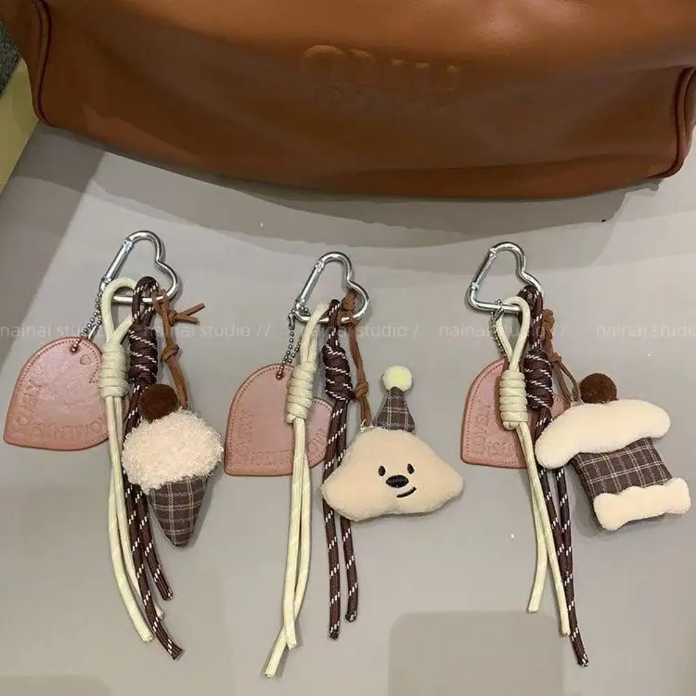 1Pcs New Plaid Bear Plush Keychain Braided Rope Keyring Cake Ice Cream Plush Pendant Lovely Creative Backpack Hanging Decoration