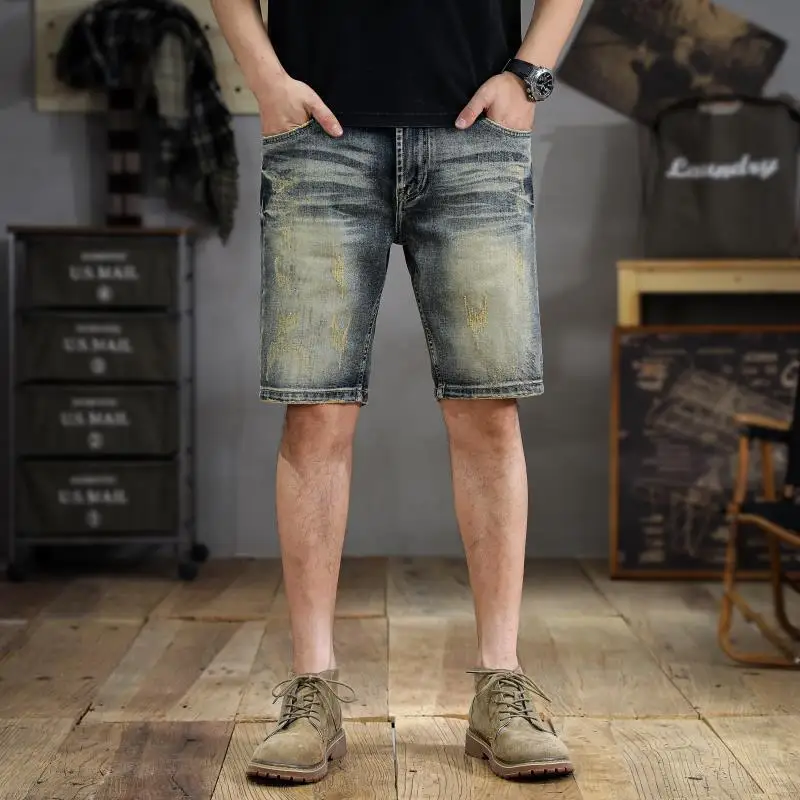 New American tide vintage denim shorts men's summer tide ins cat whiskers heavyweight elastic five-minute pants