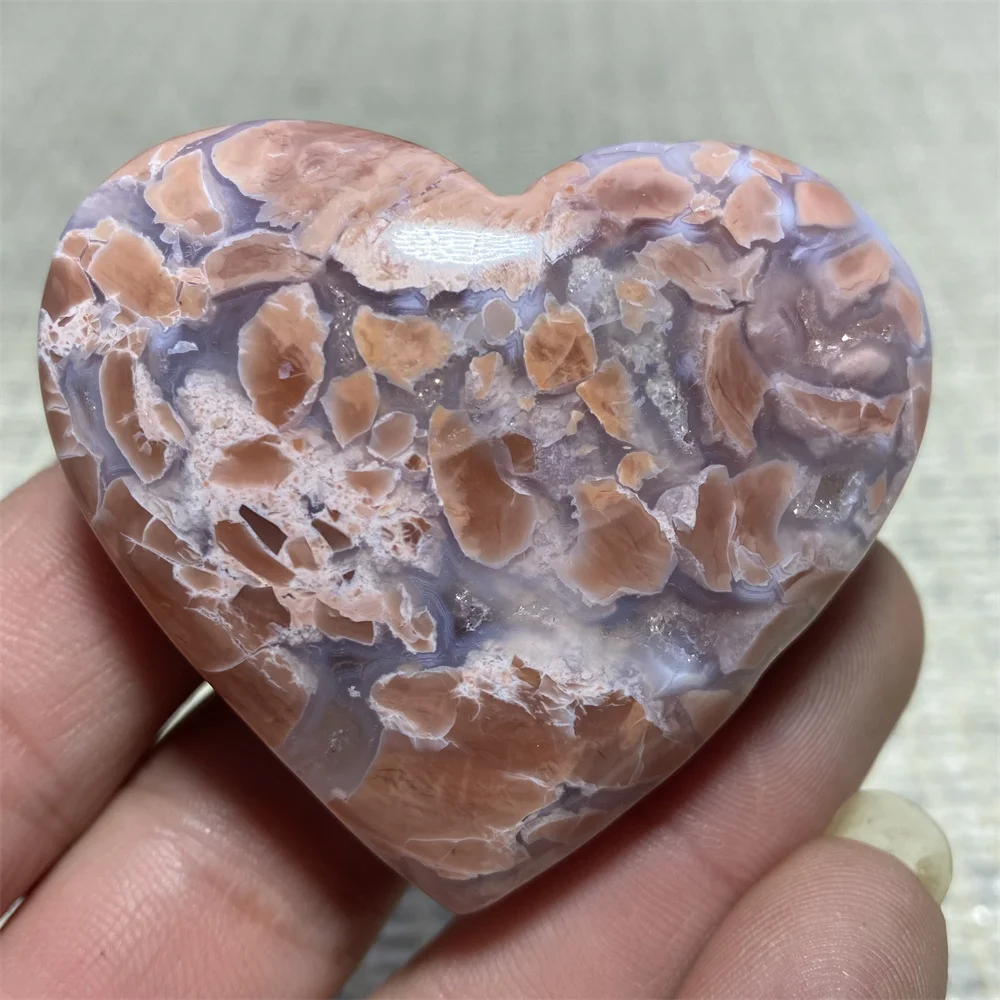 Heart Shaped Pink Flower Agate Palm Stone Natural Mineral Gem Specimen Polishing process Decorative Spiritual Meditation