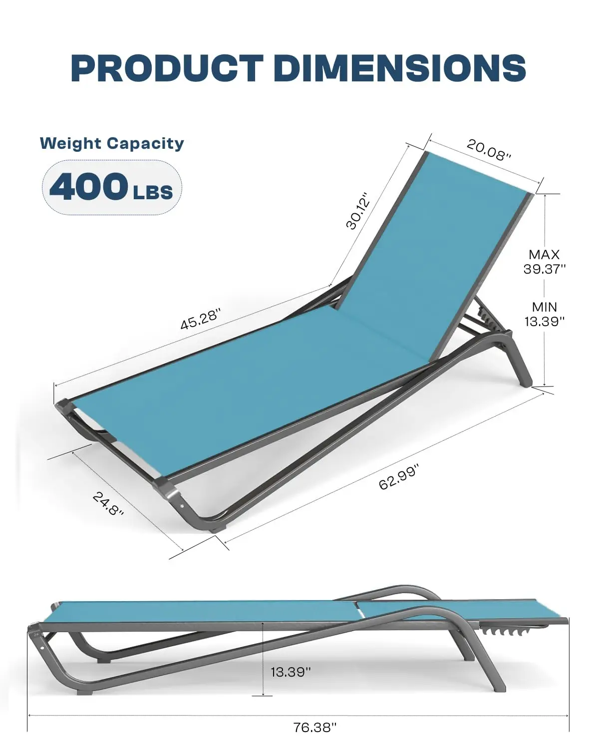 Aluminum Outdoor Lounge Chair 2-Pack, 5-Position Adjustable Backrest, Textilene Fabric, Pool Beach Deck, Customized