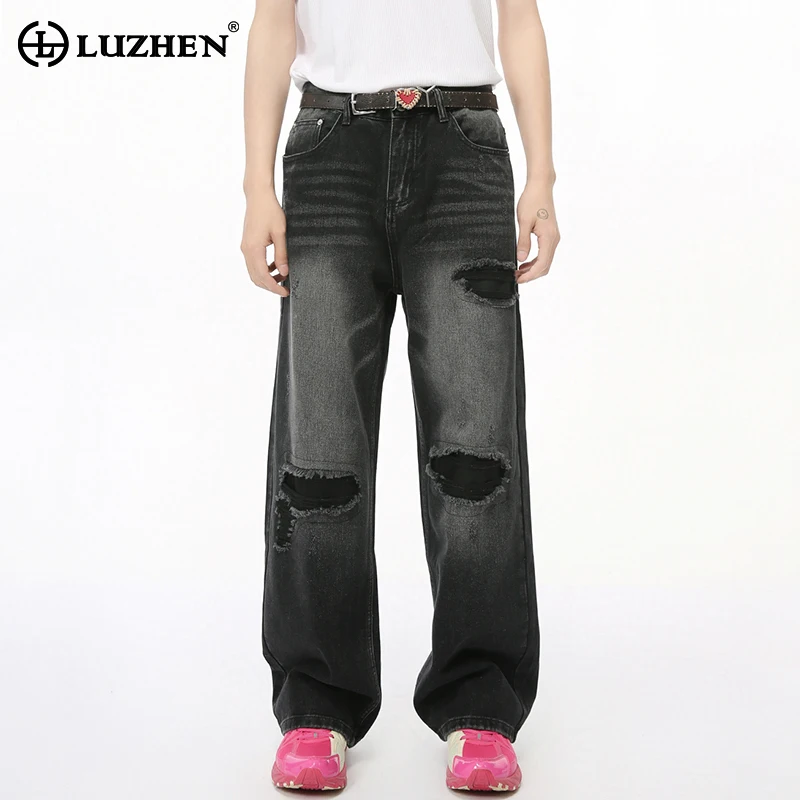 

LUZHEN Patched Vintage Fashion Designer Straight Jeans Washed Personalized Trendy Loose Men Wornout Wide Leg Denim Pants LZ4845