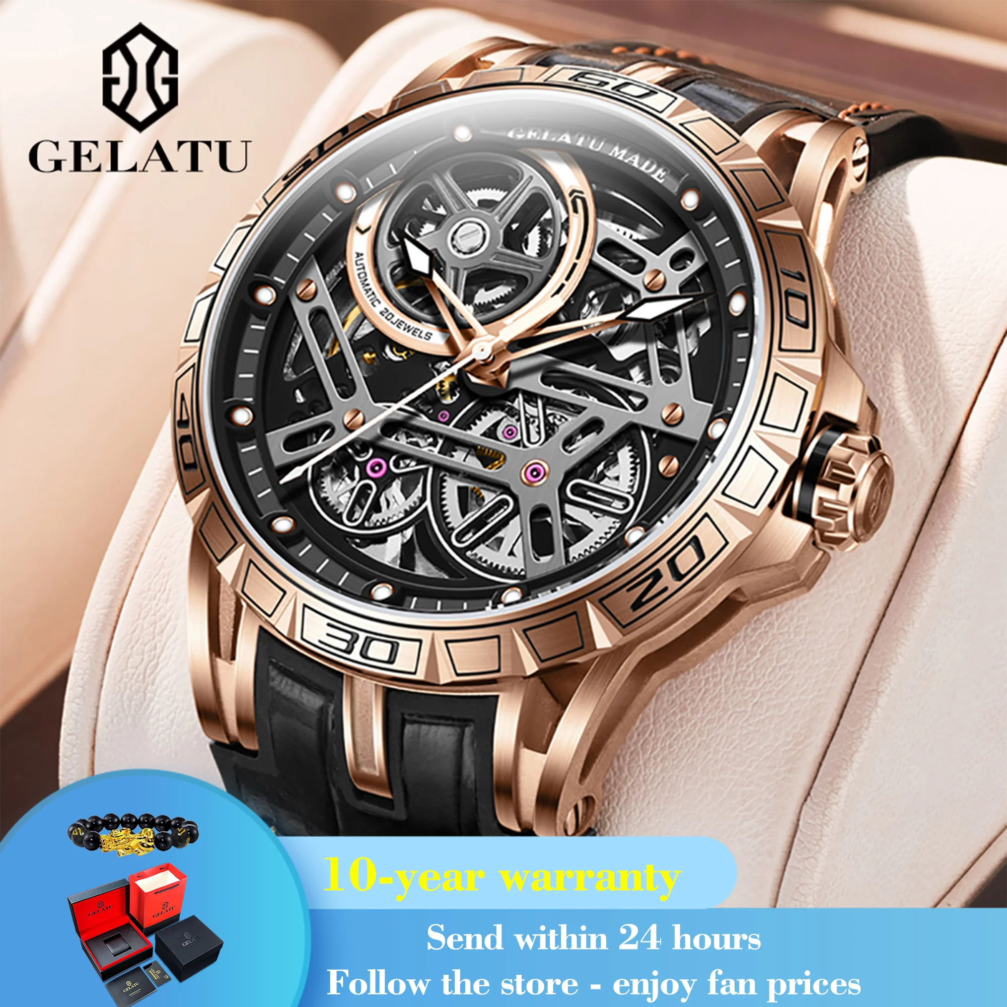 

GELATU 6015 Fashion Hollow Skeleton Mechanical Watch For Men 45mm Big Dial Sapphire Mirror Wristwatch Waterproof Automatic Watch