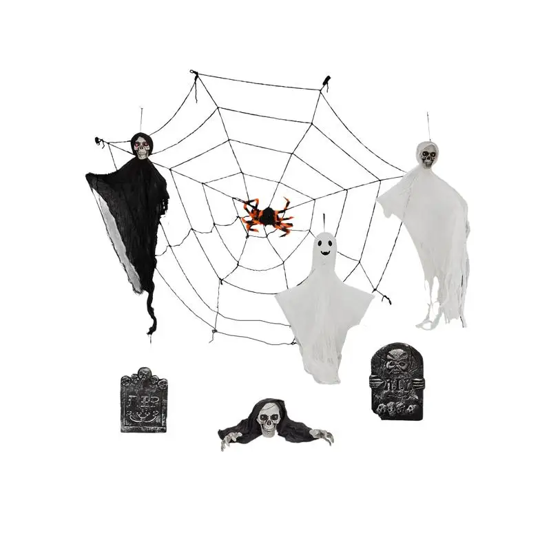 

8-Piece Outdoor Halloween Decor Set, Ghosts with Lights, Cobwebs, Gravestones, Scary Swinging Ghost for Yard and Garden