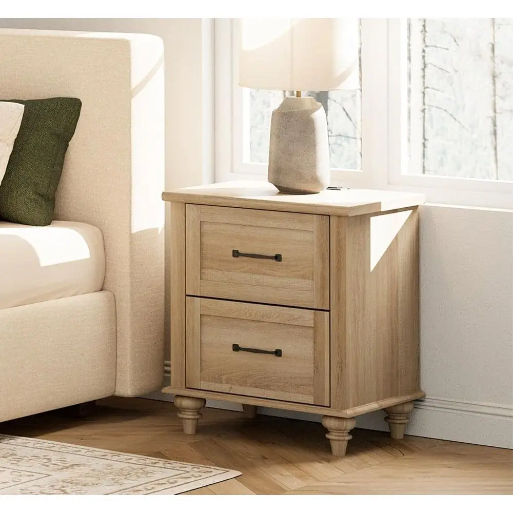

20 Inch Rustic Wooden Nightstand with Charging Station and 2 Drawers, Natural Oak Finish