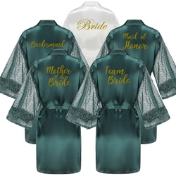 Green Bridesmaid Wedding Party Team Bride Robe With Gold Letters Lace Mesh Sleeve Kimono Satin Pajamas Mother Bathrobe