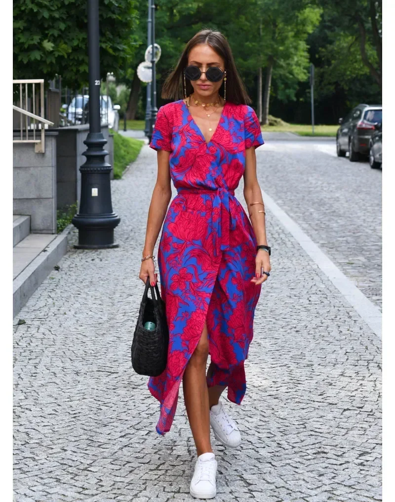 Summer Women\'s New V-Neck  Floral Printed Mid-Length Dress Split Vacation Style Fashion Long Dresses