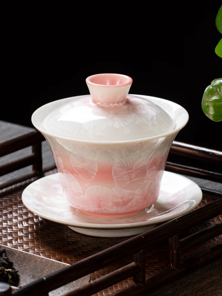 Glazed Ceramic Kung Fu Tea Set, Sancai Cover Bowl, Crystal Glass, Pink Women's Tea Bowl, Non Hot Set, Single