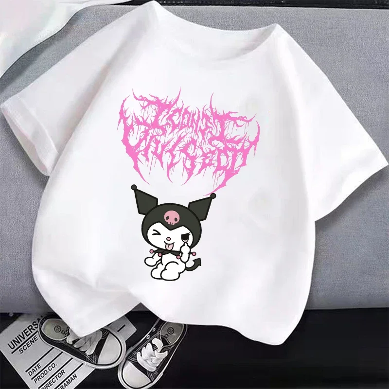 Camiseta infantil de manga curta preto e branco, roupas soltas, desenhos animados Sanrio fofos, Kuromi, algodão, presente de Natal, menino, menina,