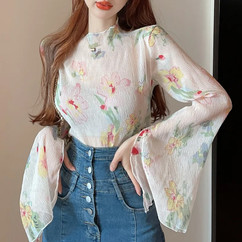 Stand Neck Flower Print Design Sense Slim Short Crop Top Y2k Aesthetic Summer Women Clothing Tees Long Sleeve Sweet T-shirts