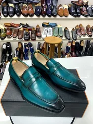 Stylish Men's Genuine Leather Loafe Shoes Round Toe Slip On Anti Slip Round Toe Men Black Green Blue Formal Casual Shoes