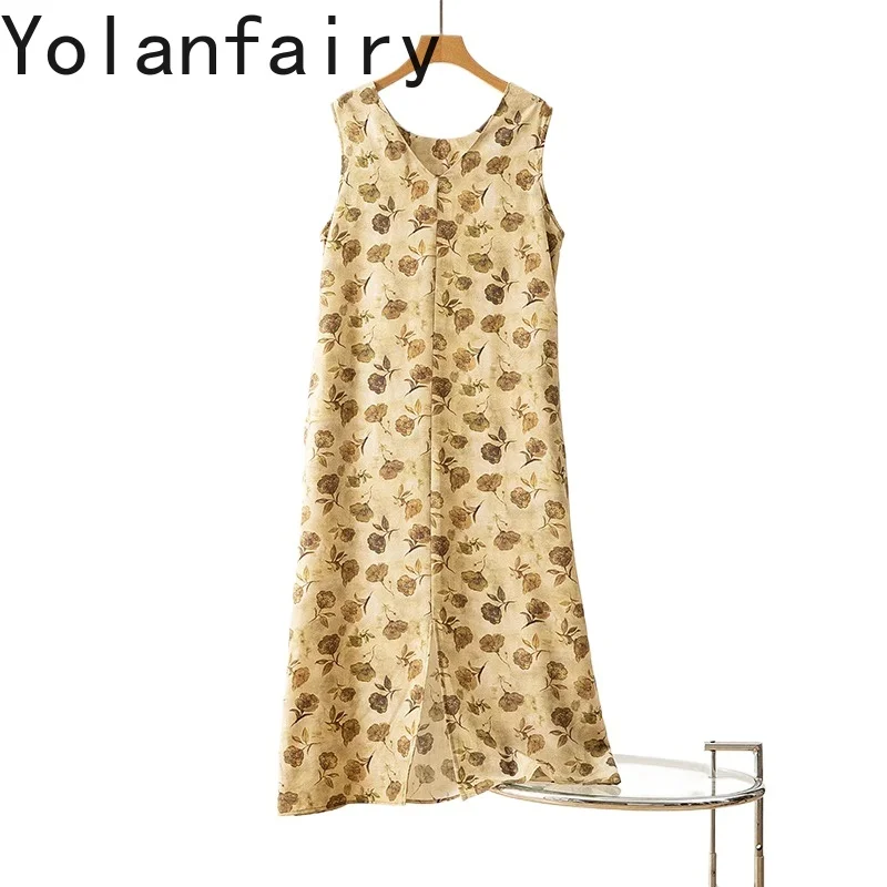 

YOLANFAIRY 70% Mulberry Silk 30% Cotton Dress Woman Sleeveless Sundress with Pocket Casual Summer Elegant Slit Dresses vestidos