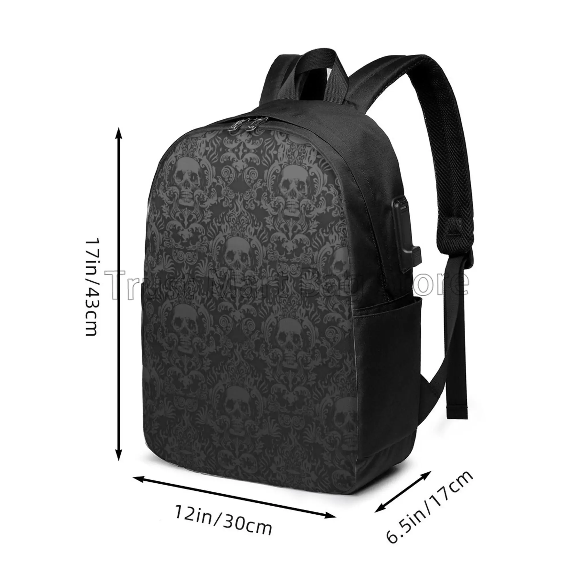 Goth Gothic Black Skull Damask Pattern Laptop Backpack 17 Inch Durable Lightweight Casual Travel Daypack with USB Charging Port