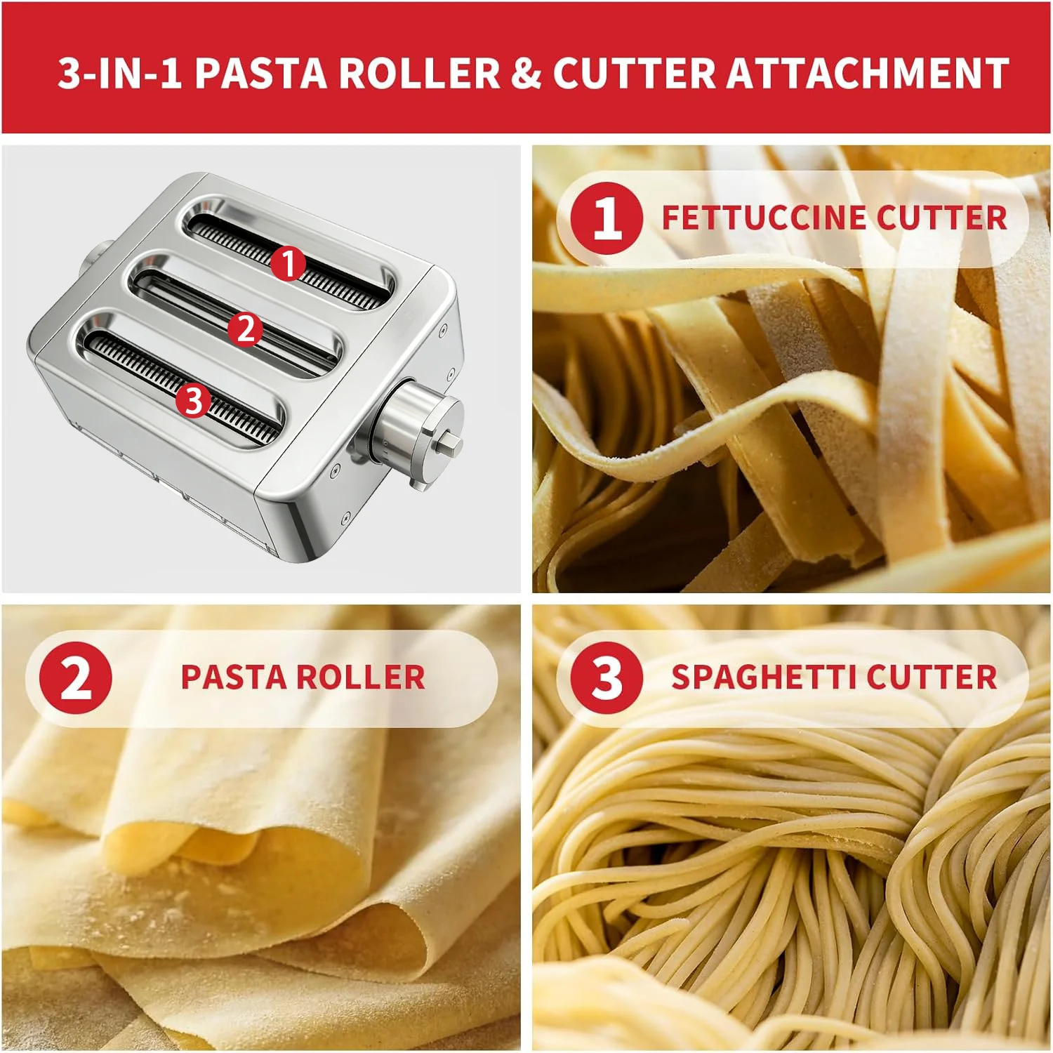 3-in-1 Stainless Steel Pasta Attachment for Kenwood Mixer, Pasta Roller & Noodle Cutter (Thin/Thick) All-in-One Accessory
