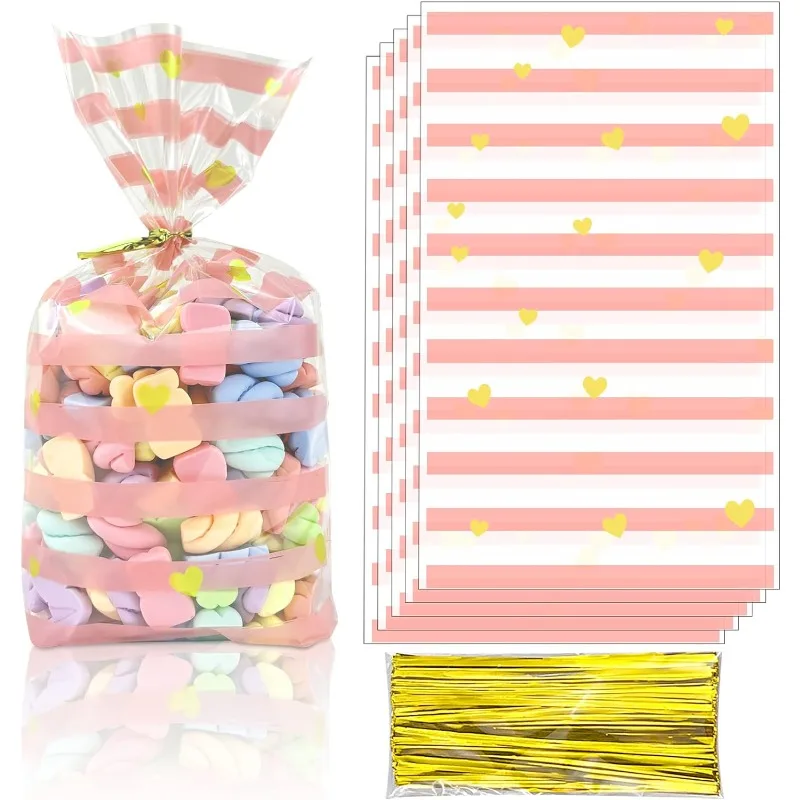 

100Pcs Bottom Gusset Cellophane Candy Bags Pink Stripes and Hearts Treat Bags with 100 Twist Ties for Birthday Party Favor Bags