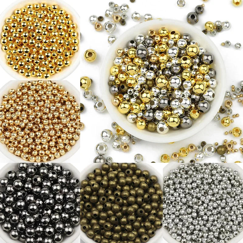 Złote posrebrzane metalowe koraliki 2/3/4/5/6/8MM okrągłe żelazne przekładki luźne koraliki do tworzenia biżuterii DIY bransoletki akcesoria naszyjnikowe
