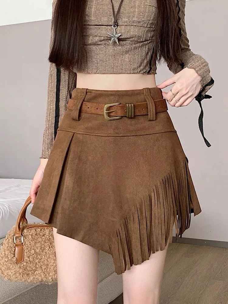 Irregular Tassel Mini Skirt Women Vintage Streetwear High Waist Hottie Skirts Belt Asymmetry Harajuku Vintage Female Short Skirt