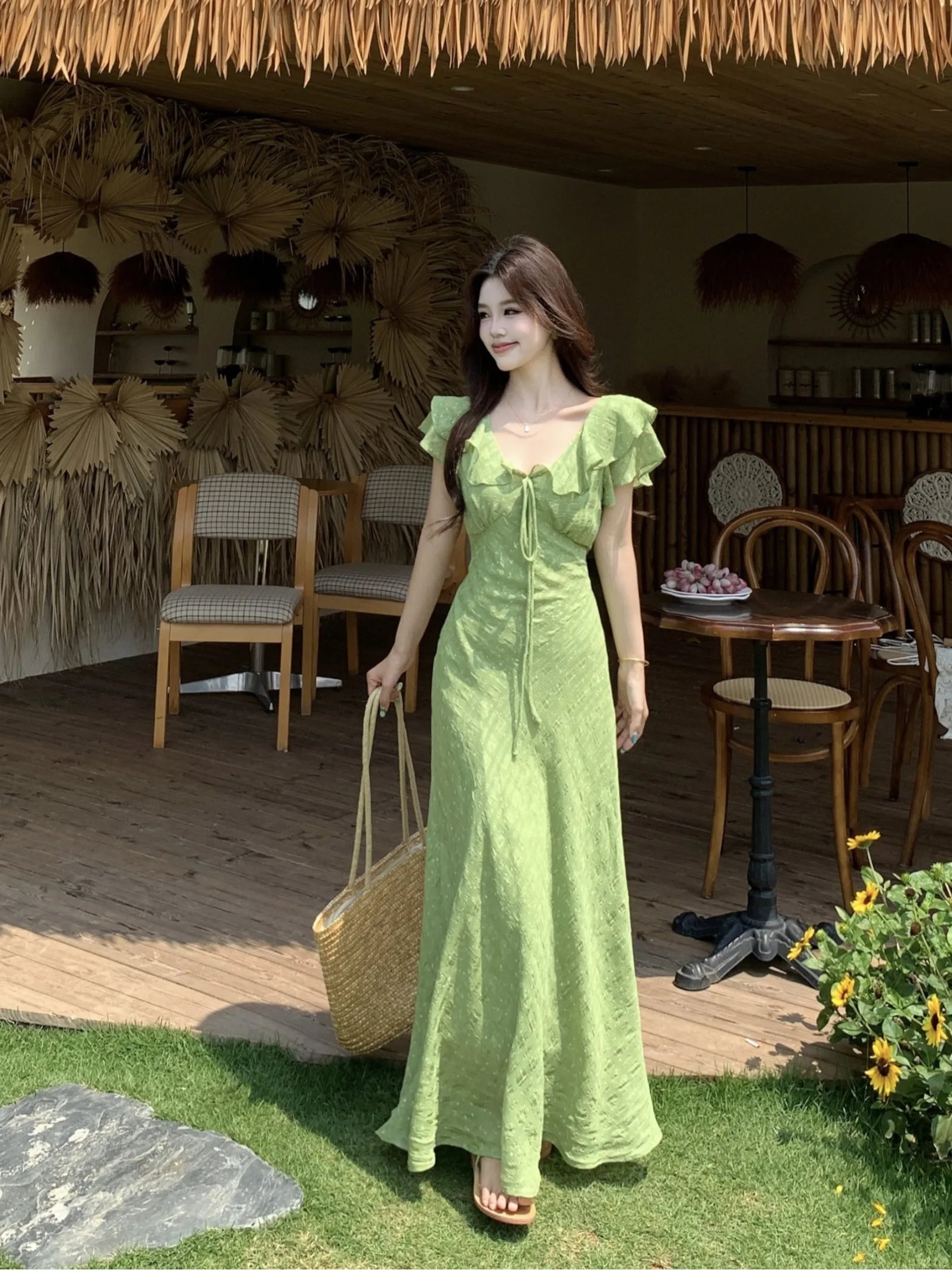 

plus Size Floral Print V-Neck Dress Slimming High Waist Long Skirt Korean Style Commute Flower Patterned Summer New Arrival