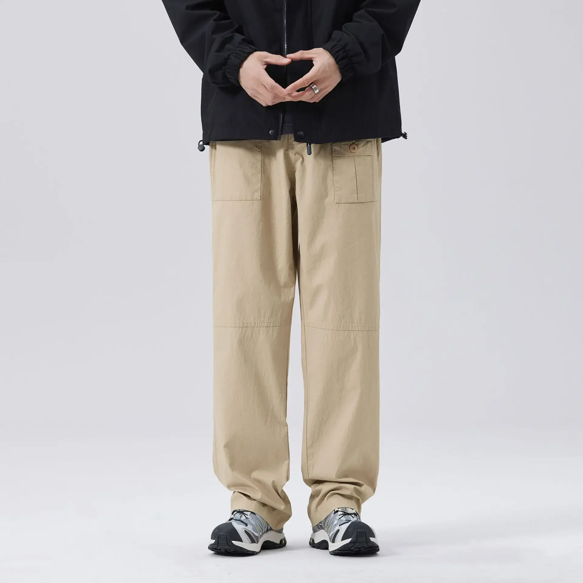 Add Fleece Bamboo Grain Cargo Casual Pants Japanese Fashion Men Wear Straight Leg Wide Trousers Quality Cargo Pants Men