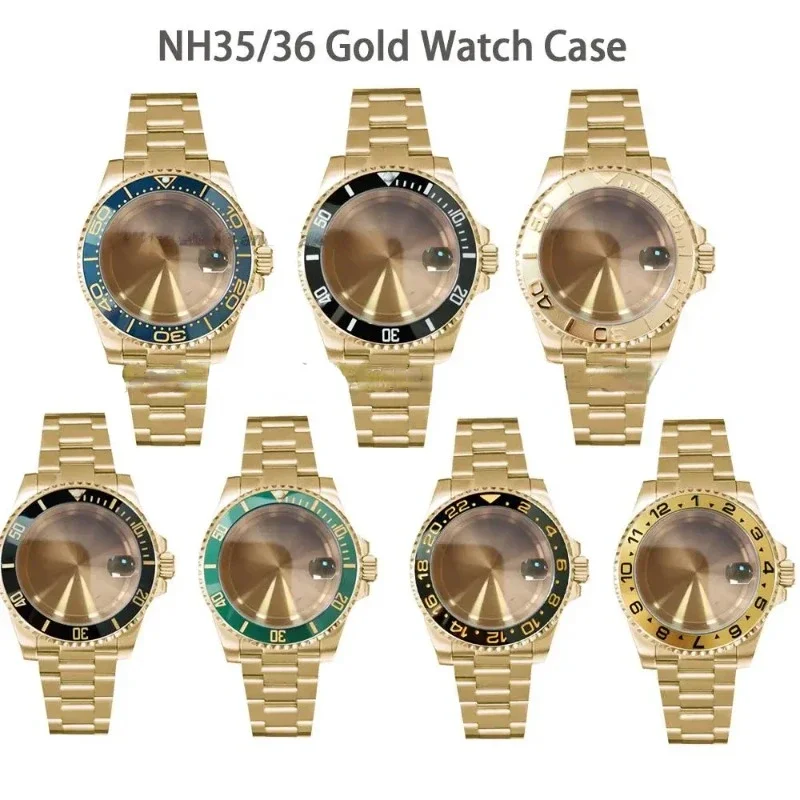 40mm Watch Case Strap Set PVD Plating Gold Stainless Steel Watch Accessories Sapphire Glass for Submariner NH35/NH36 Movement