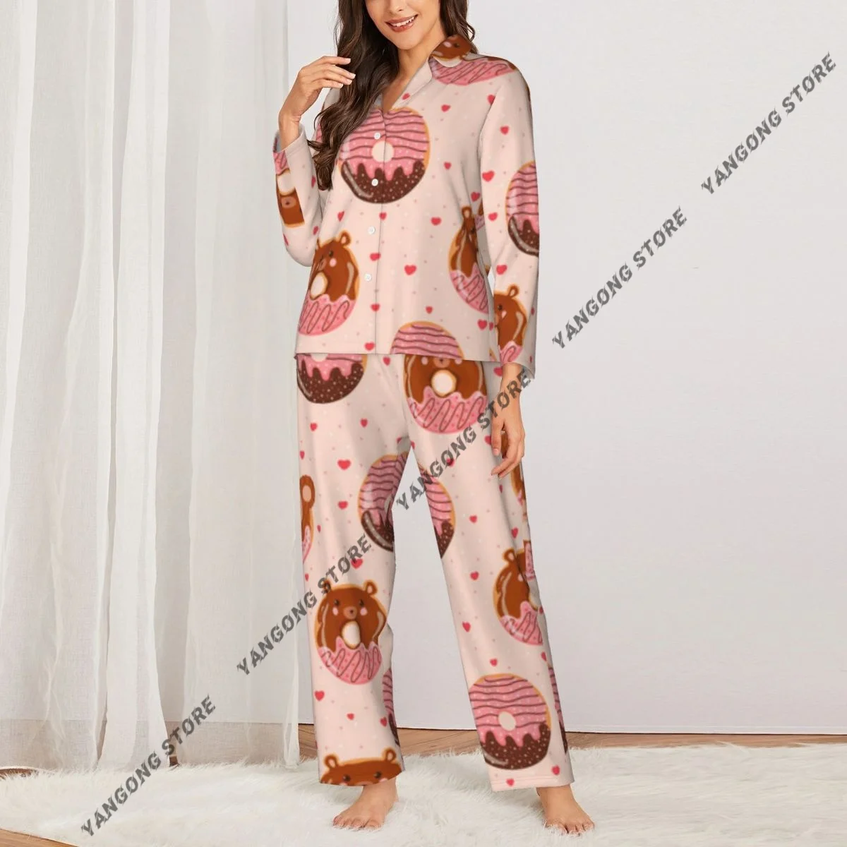 Cute Bear And Monkey Donuts Womens Pajamas Loungewear Two-piece Sleepwear Button-Down Full Sleeve Long Pajamas Set