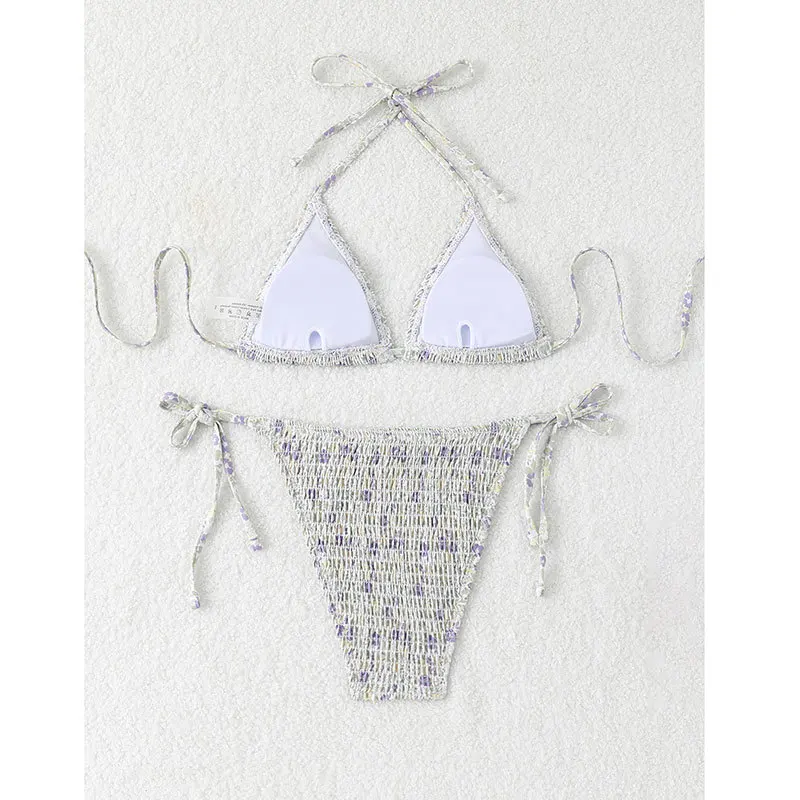 Sexy gravata halter flor roxa impressão enrugada conjuntos de biquínis duas peças tanga banho biquini conjunto de biquíni tankini beachwear