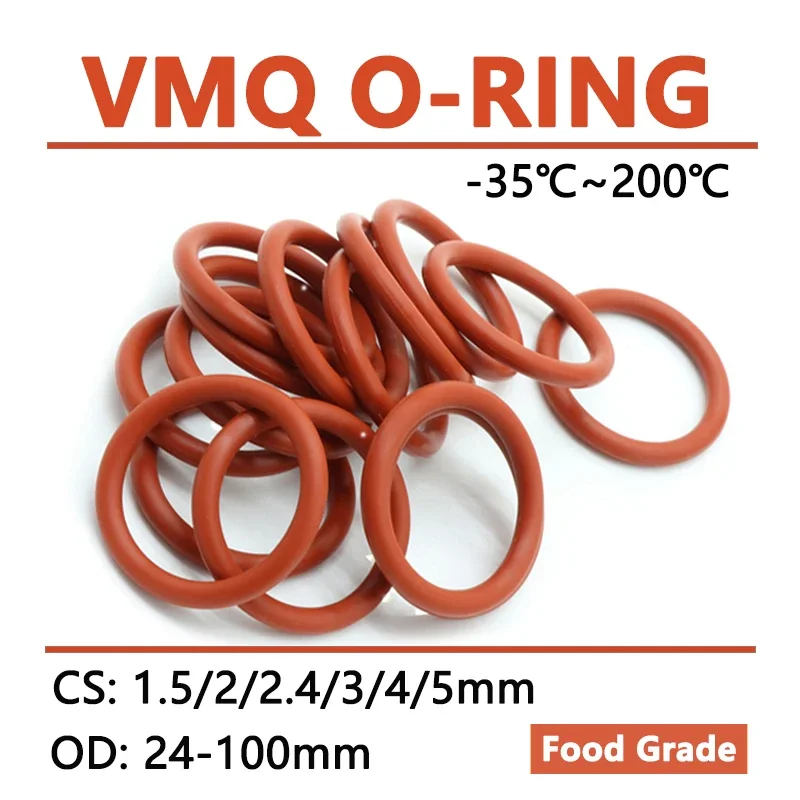 

5pcs Red Silicone O Ring CS 1.5 2 2.4 3 4 5mm OD 24-100mm Food Grade Waterproof Washer Rubber Insulated Round Seal Gasket VMQ
