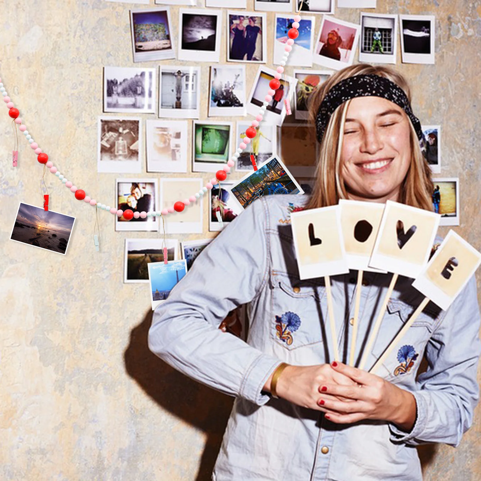 

Wooden Beads Garland Photo Display Clip Rustic Hanging Wall Decor Creative Photo Holder for Home Wedding Party