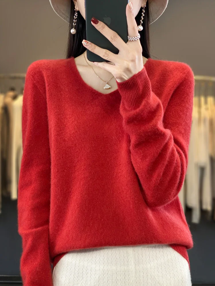 Women 100% Merino Wool Pullover Autumn Winter V-neck  Cashmere Sweater Basic Casual Solid Elegant Tops Fashion Clothing