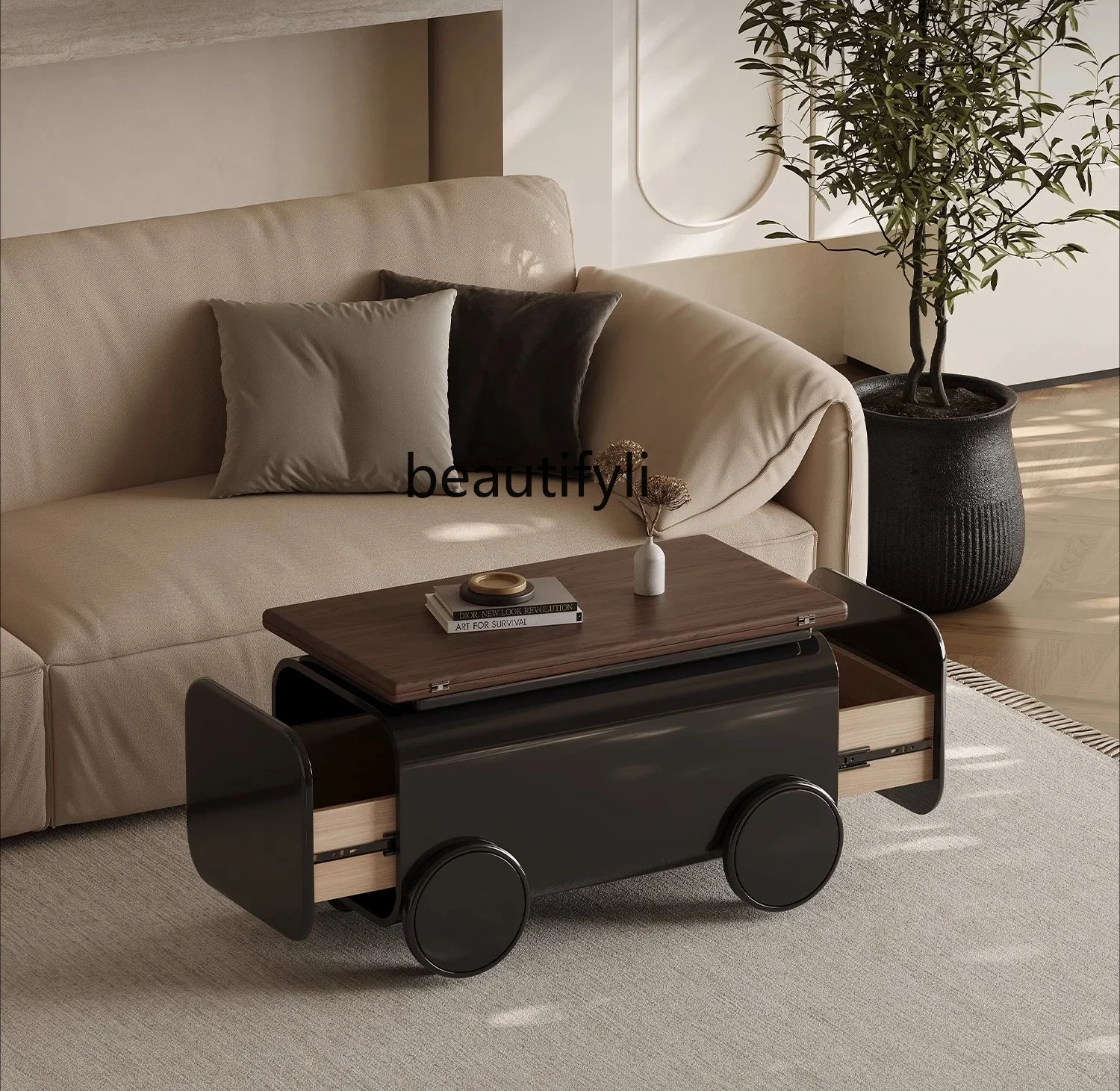 X FH minimalist movable coffee table trolley folding dining table rectangular light luxury living room household solid wood