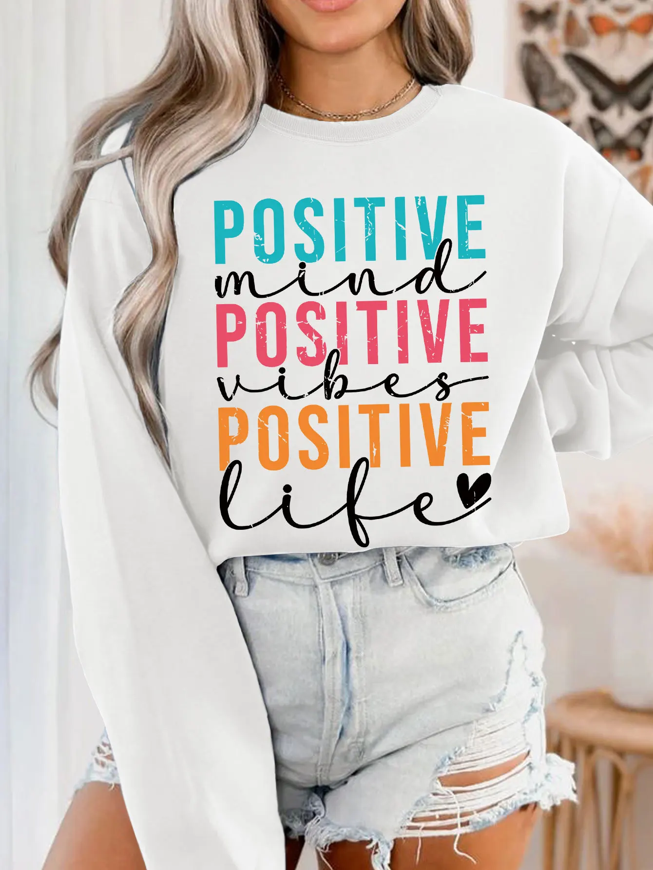 เสื้อสเวตเชิ้ตผู้หญิง 2025 ฤดูร้อน ลายพิมพ์ Positive Mind Positive Vibes Positive Life เสื้อพูลโอเวอร์ Y2k แขนยาว