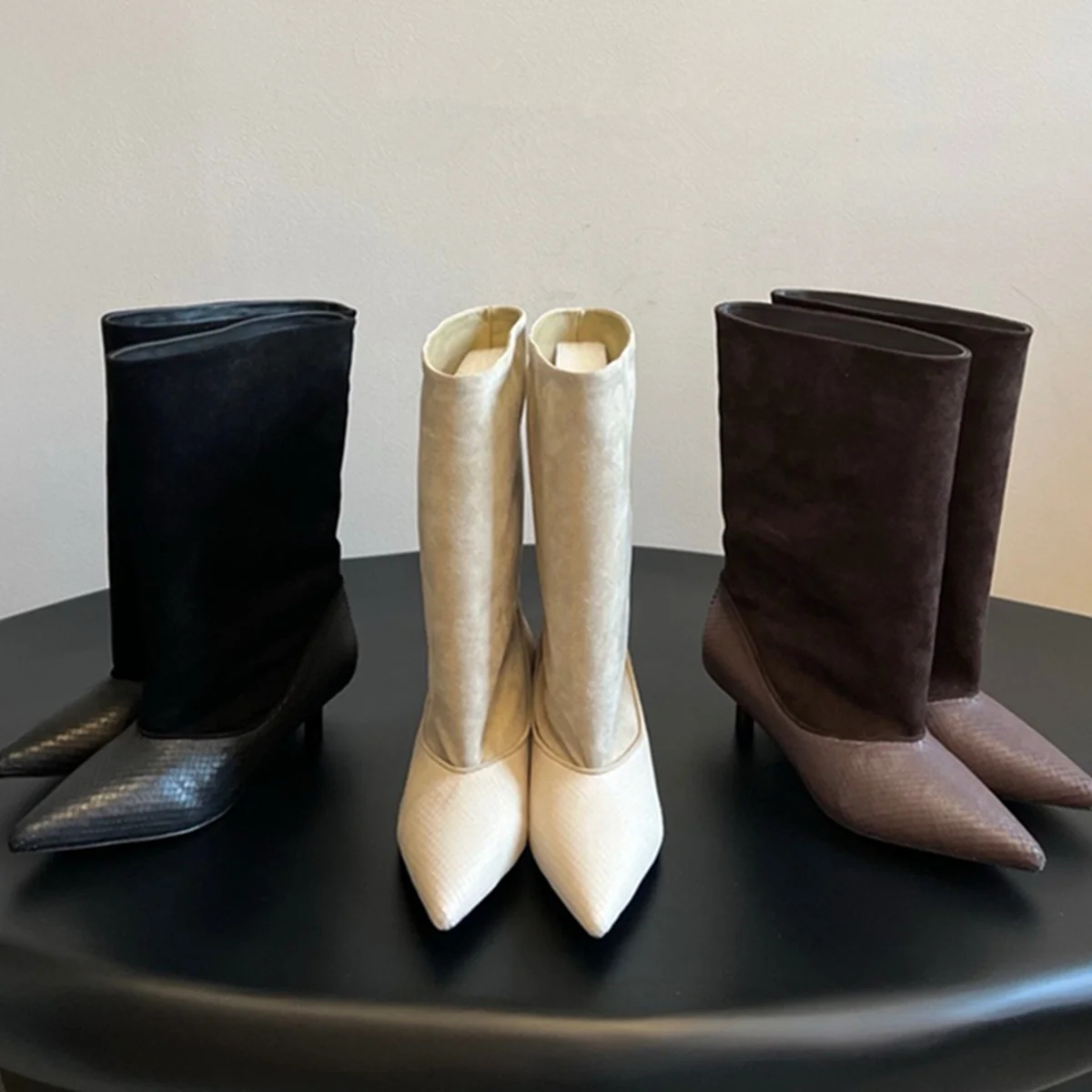 

Jenny&Dave Elegant Ankle Boots Woman Shoes French Vintage Pointed Toe Genuine Leather Suede Stitching Pointed Toe Women's Boots