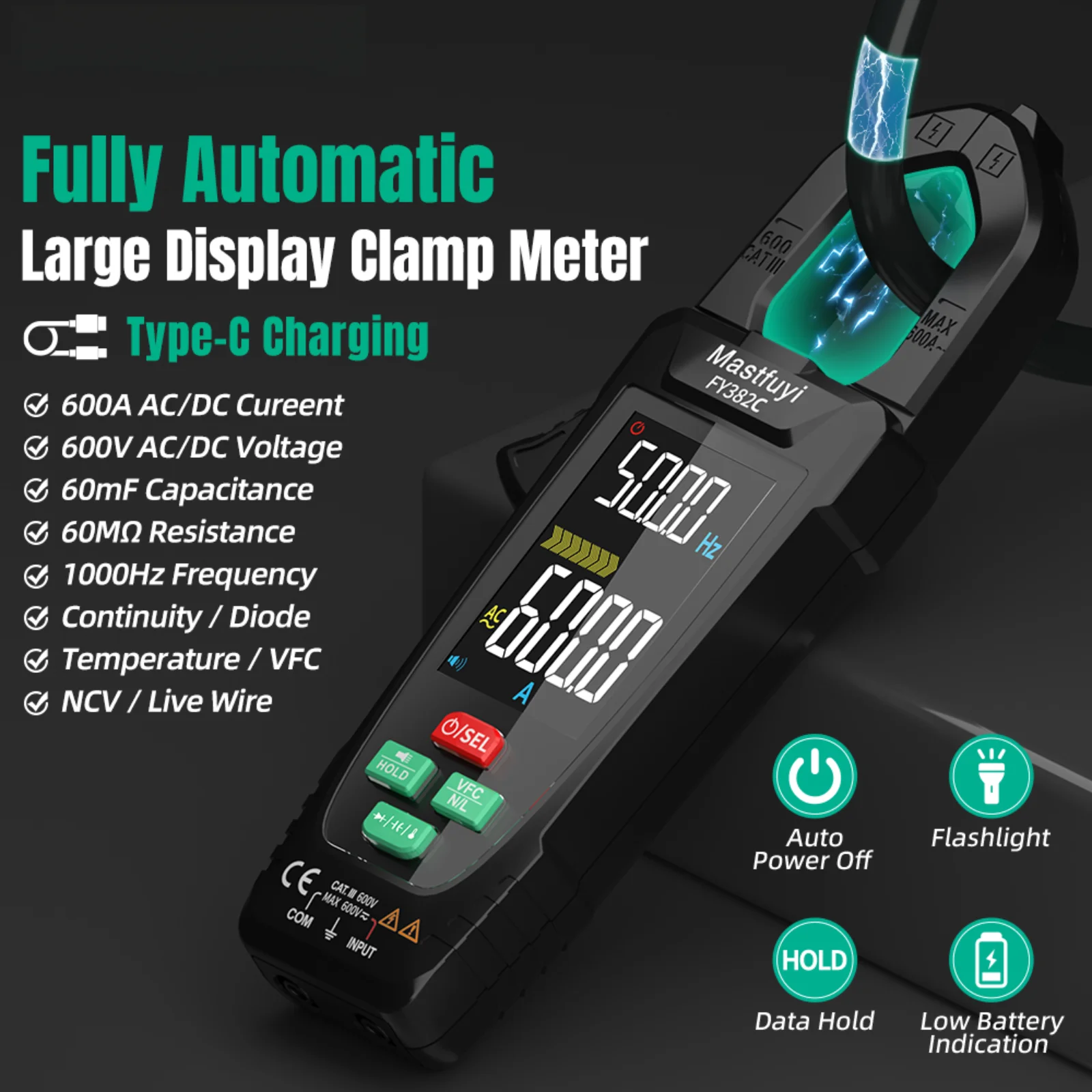 New Mastfuyi Clamp Meter Digital Ampere Clamp Multimeter Electrician Tools AC/DC9999 Counts True RMS Ohm Capacitance Measurement