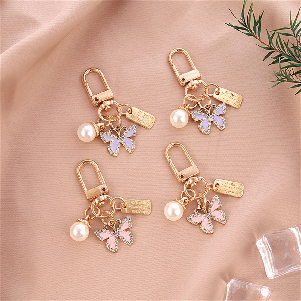 Exquisite Rhinestone Butterfly Keychain Cute Pearl Metal Tag Keyring For Women Handbag Ornaments Charms Friend Gifts Accessories