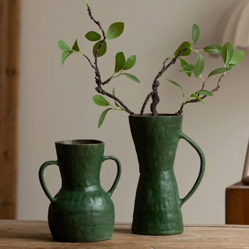 Jingdezhen dark green texture ceramic vase, dried flowers and flowers are universal for hydroponics, and desktop Zen decoration.