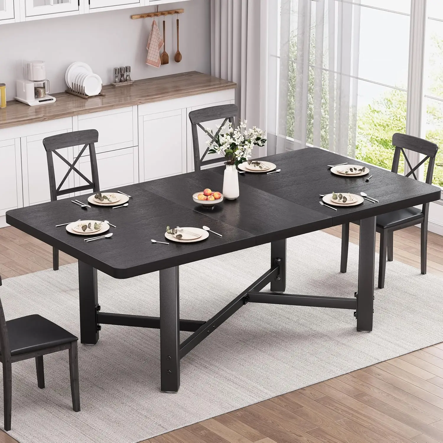 

Table for 4-6, 62“Extendable Kitchen Dining Room Table, Space Saving Rectangle Large Expandable Wood Dinner Furniture for Small