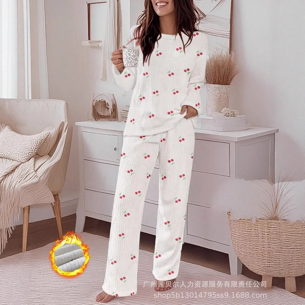 

Женский фланелевой топ в полоску с круглым вырезом и цветочным узором + брюки, комплект домашней одежды из двух предметов, осенне-зимний свободный комплект