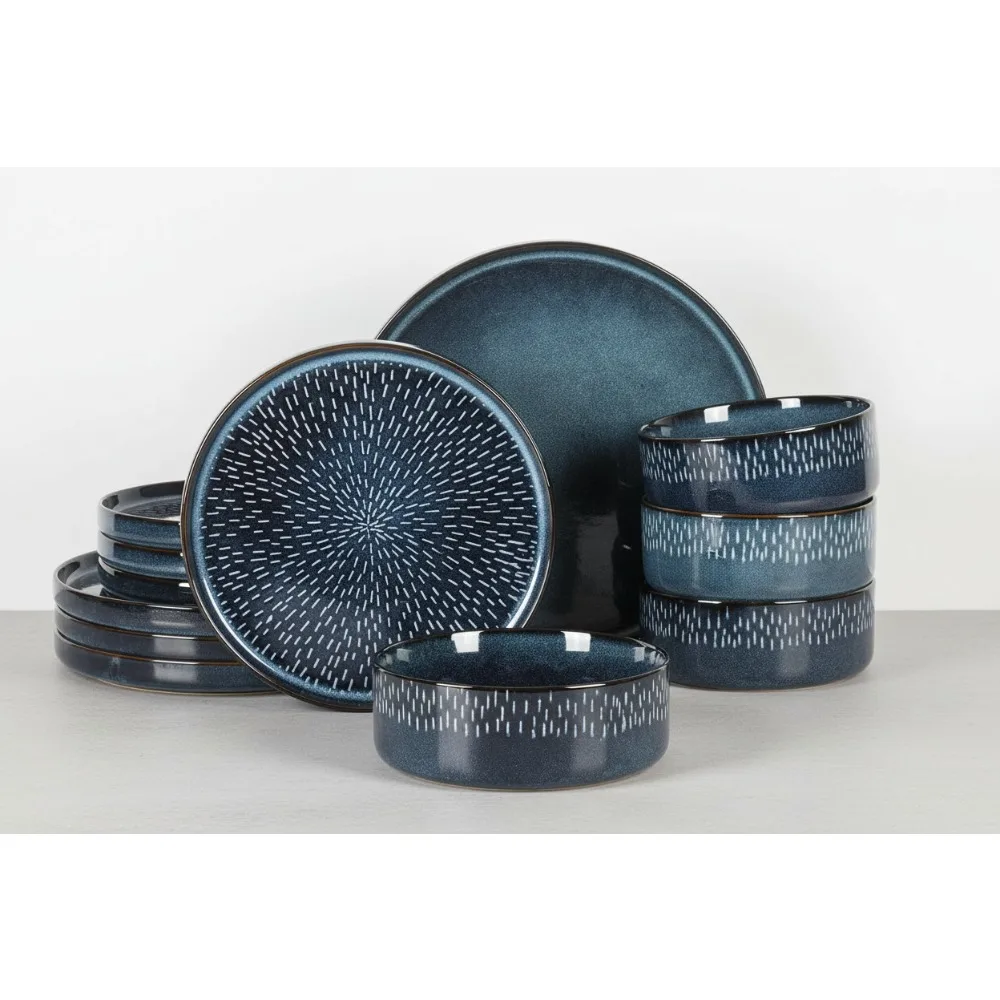 

Modern Stoneware Dinnerware Set 12-Piece Reactive Glaze Plates Bowls Cobalt Blue for Everyday Dining