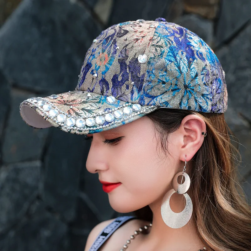 Women Sun Hats With Rhinestone UV Protection Shiny Decorate Baseball Cap Dance Show Personality Caps Street Outdoor Hip Hop Hat