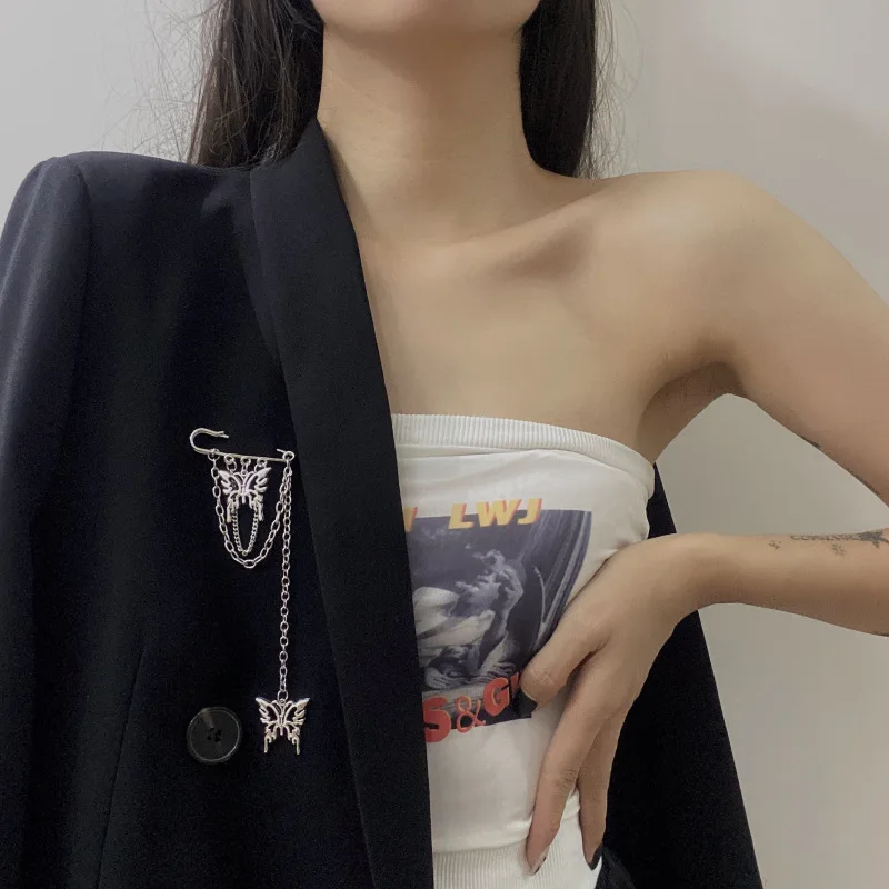 Punk Pendant Double Pin Clip Chain Brooch Japan Korea For Men Women Street Ins Long Metal Chest Chain Brooch Trendy Accessories