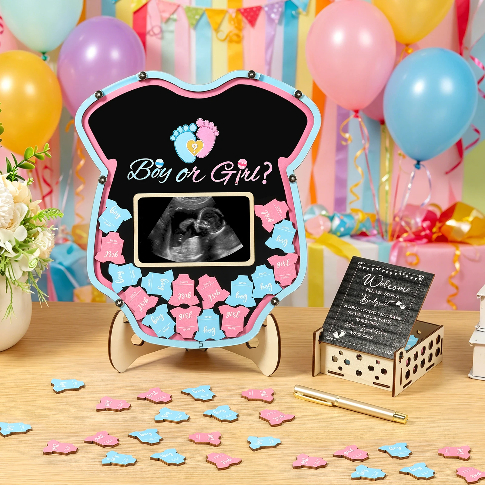 Tablero de ideas para revelación de género de bebé, juegos de votación de género de madera, decoración con soporte, juegos divertidos y accesorios para fotos para futuros padres