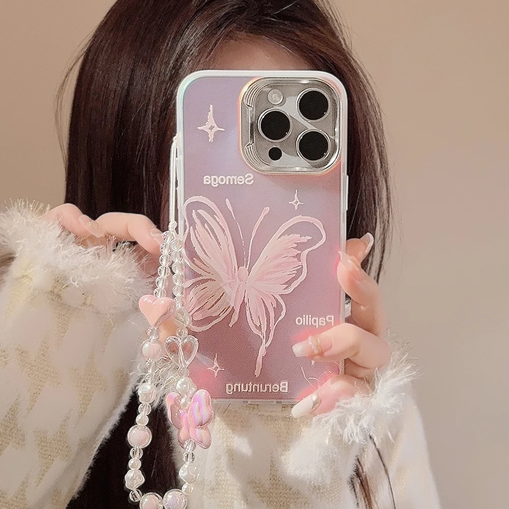 Ins Laser Pink Butterfly Love Heart Beads Bracelet Chain Case for iPhone 15 14 13 Pro Max 12 Pro Plus 11 Dazzling Colors Cover