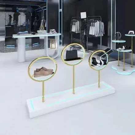 Customized Logo Store Design Shop Gold Stainless Steel Men Female Clothes Display Rack LED Circular Bag Shoe Display Rack